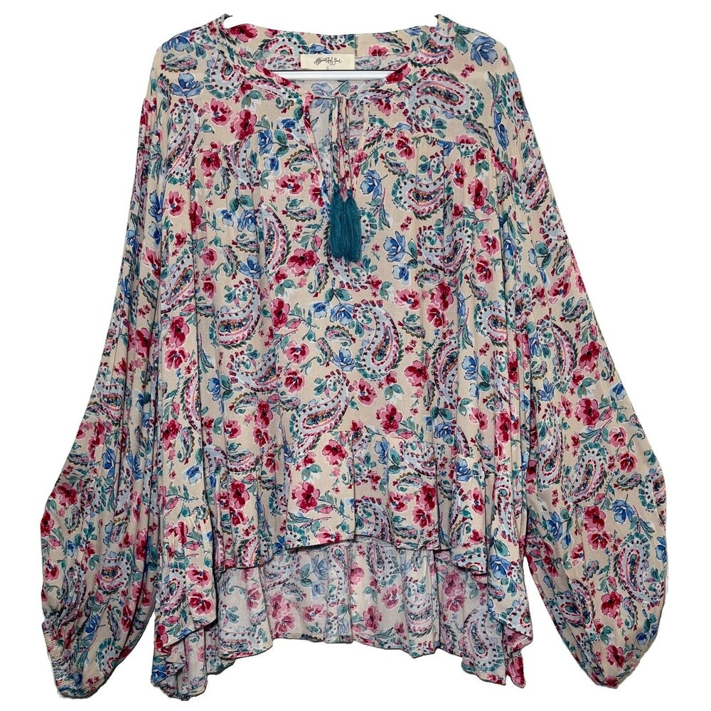 A Beautiful Soul 3X 22/24 Boho Paisley Floral Peasant Blouse Tassel Tie Rayon